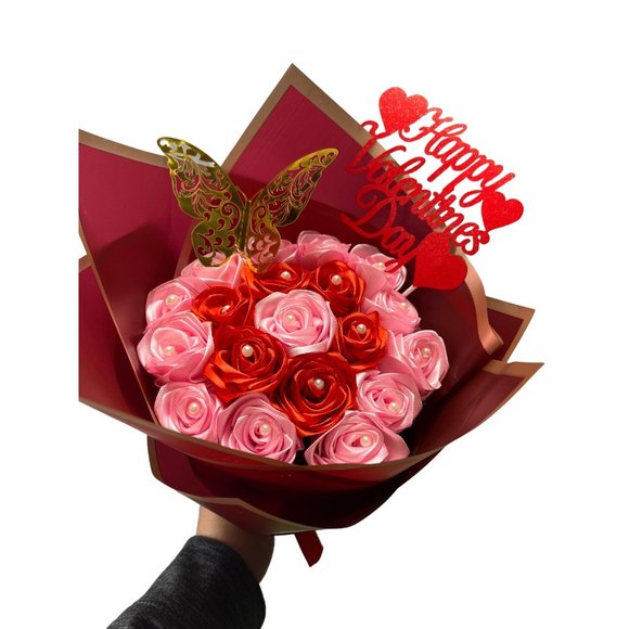 Eternal Ribbon Rose Bouquet, Handmade Fake Flower Bouquet, valentines 18 roses